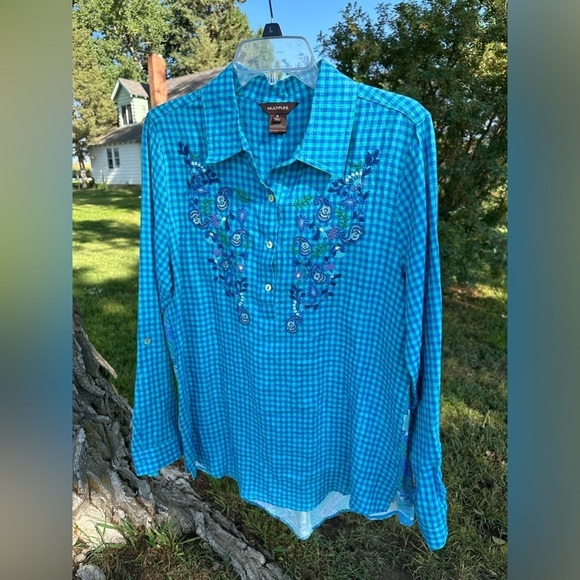 Multiples Paisley & Blue Linen Checkered Button Down Casual Blouse Womens Medium - Picture 9 of 17